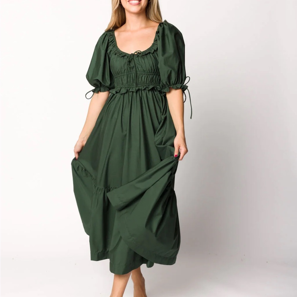 Crissy Ruched Midi Dress in Emerald Green - Bump Friendly